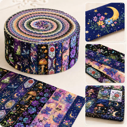 10pcs Vintage Moon Cat Bottle Night Pattern Jelly Roll Fabric Strips 2.5X19.7inch Pre-cut 100% Polyester for Patchwork Quilts, Table Runners, Placemats, Tote Bags, Storage Pouches, Makeup Bags, Coasters, Quilt Blocks & Binding Halloween Gift