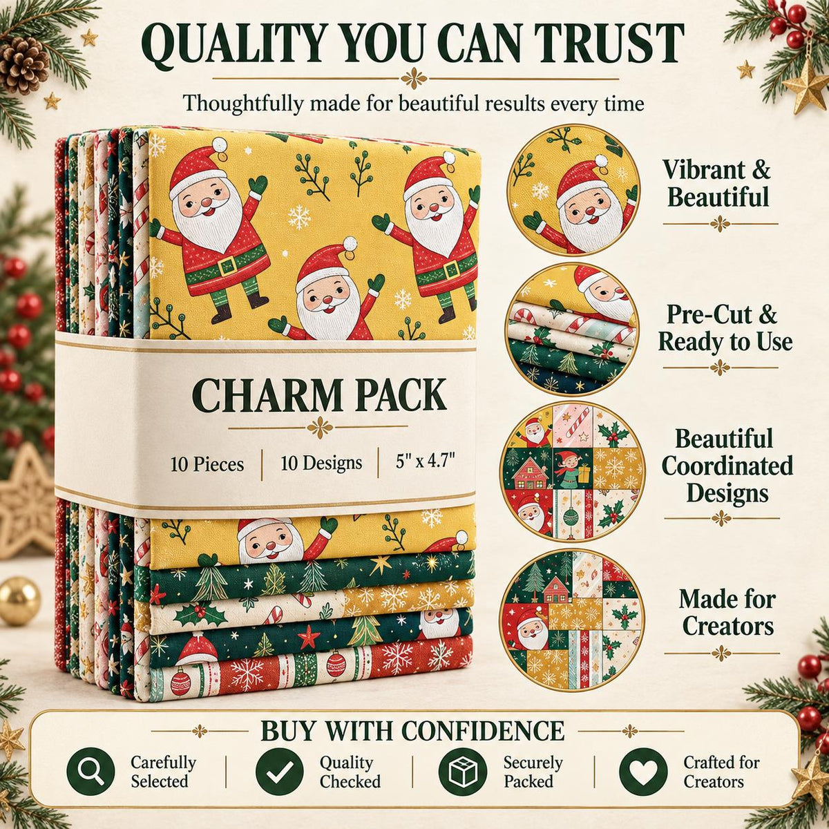 10Pc/Set Christmas Series Santa Claus Star Holly Gift Fat Quarter Fabric, Pre-Cut Square Fabric Assort, Fabric Set, Craft Fabric, Handmade DIY Patchwork Fabric,Home Quilting Sewing Fabric, Packaging Fabric, Scrapbooking Craft Hobbyist