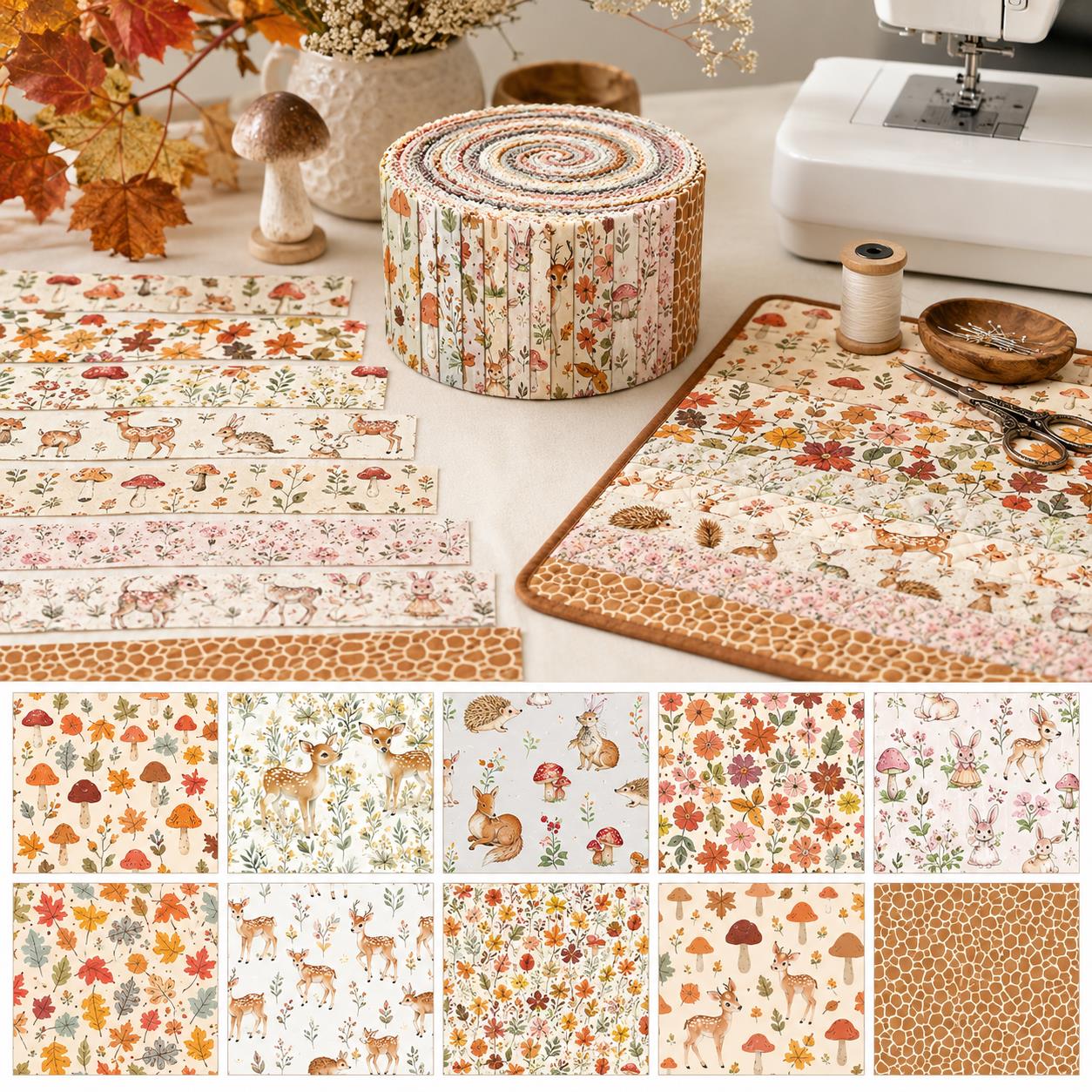 10pcs Vintage Mushroom Deer Autumn Pattern Jelly Roll Fabric Strips 2.5X19.7inch Pre-cut 100% Polyester for Patchwork Quilts, Table Runners, Placemats, Tote Bags, Storage Pouches, Makeup Bags, Coasters, Quilt Blocks & Binding