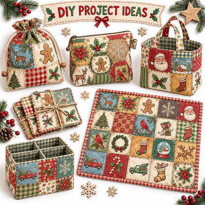 10Pc/Set Christmas Series Bowknot Flower Bell Star Plaid Deer Tree Mouse Holly House Pinecones Northern Cardinal Fat Quarter Fabric, Pre-Cut Square Fabric Assort, Fabric Set, Craft Fabric, Handmade DIY Patchwork Fabric,Home Quilting Sewing Fabric, Packagi