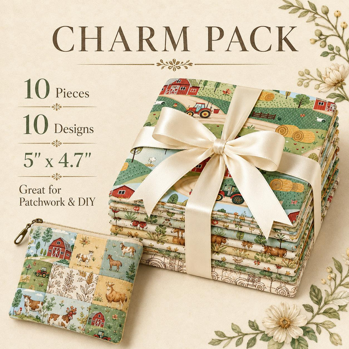 10pcs Charm Pack Set Farm House Cow Pattern Vintage Style Handmade DIY with Rich Color and Texture Elements 100% Polyester Patchwork in 10 Design Styles Suitable for Patchwork DIY Craft Projects DIY Wallet Making Gift Giving Bag Making Mother's Day Gift