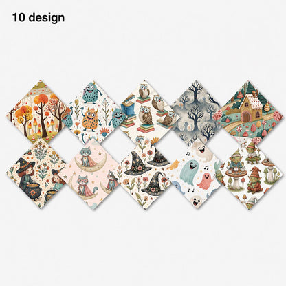 10Pc/Set Halloween Series Flower Owl Skull Pumpkin Witch Mushroom Cat Fat Quarter Fabric, Pre-Cut Square Fabric Assort, Fabric Set, Craft Fabric, Handmade DIY Patchwork Fabric,Home Quilting Sewing Fabric, Packaging Fabric, Scrapbooking Craft Hobbyist