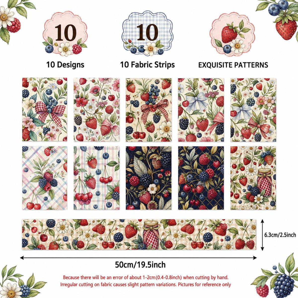 10pcs Vintage Strawberry Blueberry Floral Pattern Jelly Roll Fabric Strips 2.5X19.7inch Pre-Cut 100% Polyester For Patchwork Quilts, Table Runners, Placemats, Tote Bags, Storage Pouches, Makeup Bags, Coasters, Quilt Blocks & Binding