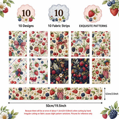10pcs Vintage Strawberry Blueberry Floral Pattern Jelly Roll Fabric Strips 2.5X19.7inch Pre-Cut 100% Polyester For Patchwork Quilts, Table Runners, Placemats, Tote Bags, Storage Pouches, Makeup Bags, Coasters, Quilt Blocks & Binding