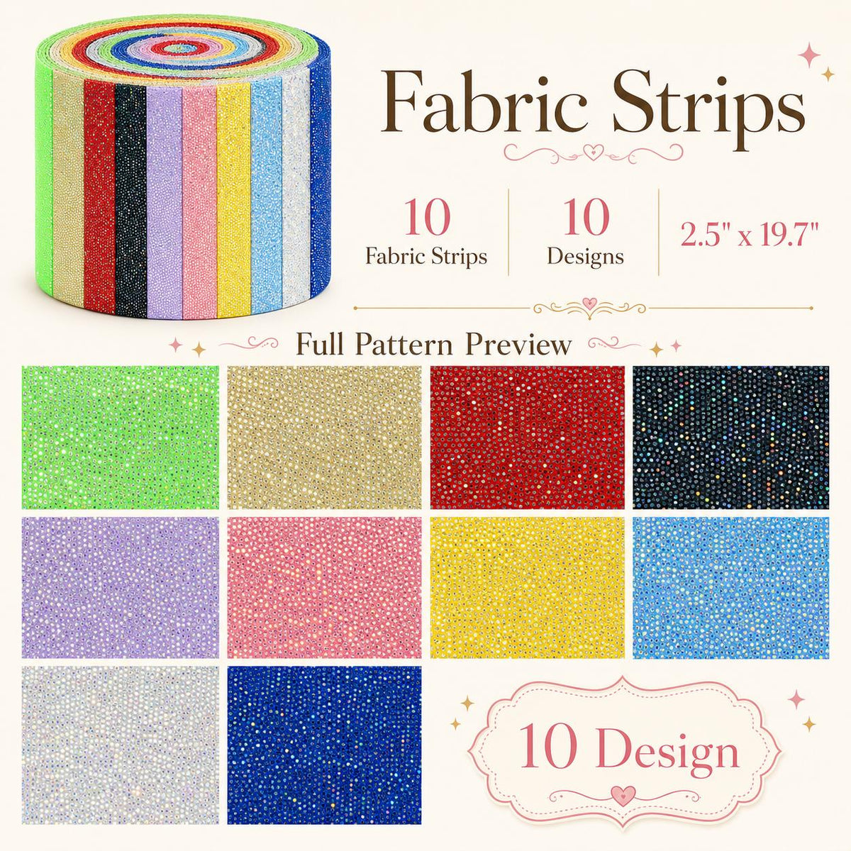 10pcs/Set, Making 10 Images 1pc Each, Each Size: 2.48*19.69inch Plain Muti-color Laser Pattern Sliced Fabric Set Style Combination, Polyester Jelly Roll Fabric Strips, Pre-Cut Quilting Squares, for Quilting DIY, Handicrafts And Sewing, Blankets, Rugs