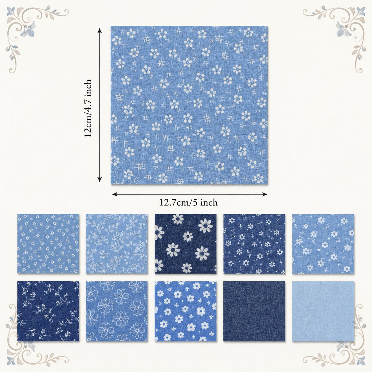 10Pc/Set Flower Denim Series Fat Quarter Fabric, Pre-Cut Square Fabric Assort, Fabric Set, Craft Fabric, Handmade DIY Patchwork Fabric,Home Quilting Sewing Fabric, Packaging Fabric, Scrapbooking Craft Hobbyist
