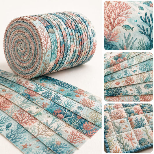 10pcs Vintage Ocean Coral Pattern Jelly Roll Fabric Strips 2.5X19.7inch Pre-Cut 100% Polyester For Patchwork Quilts, Table Runners, Placemats, Tote Bags, Storage Pouches, Makeup Bags, Coasters, Quilt Blocks & Binding