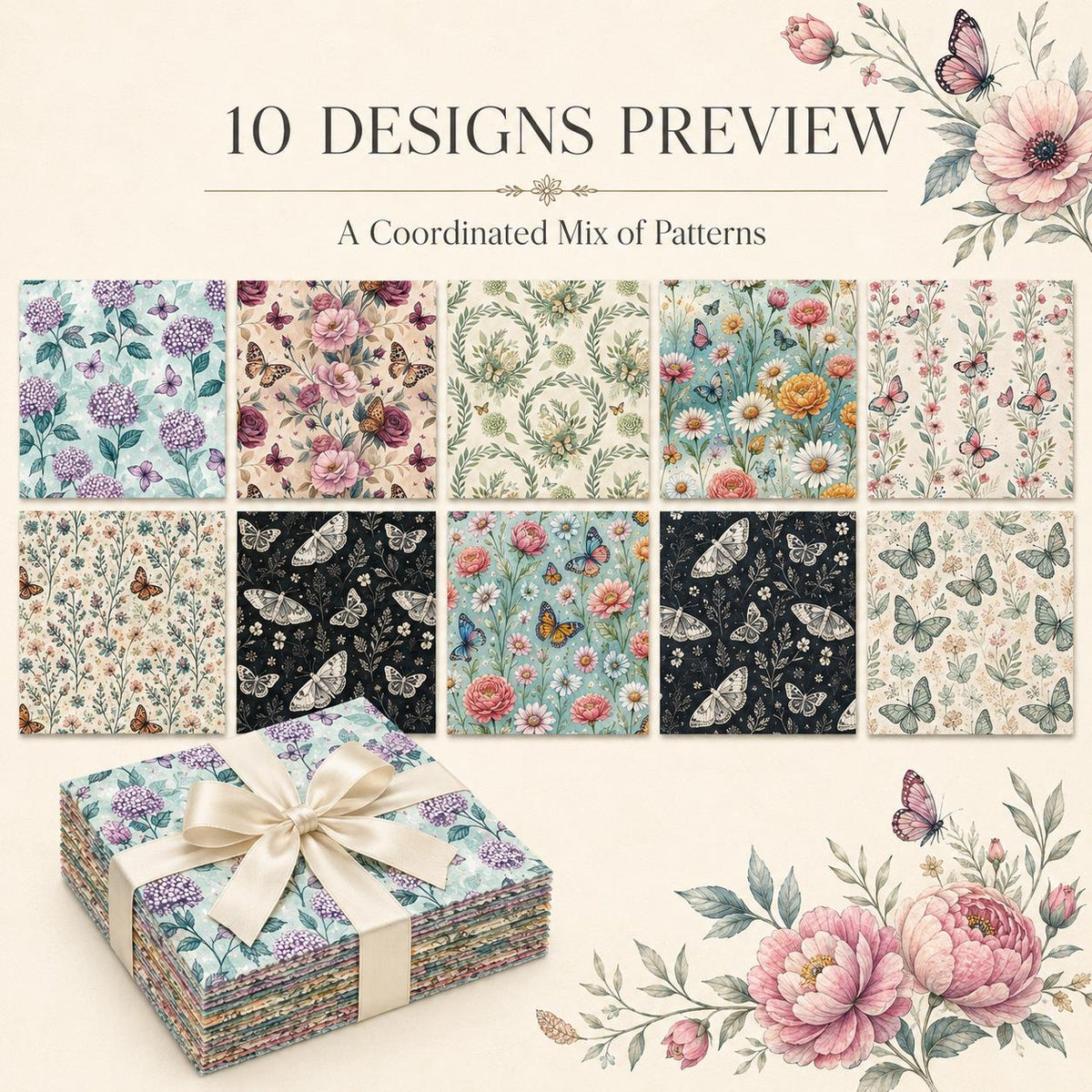 10Pc/Set Flower Series Rose Butterfly Fat Quarter Fabric, Pre-Cut Square Fabric Assort, Fabric Set, Craft Fabric, Handmade DIY Patchwork Fabric,Home Quilting Sewing Fabric, Packaging Fabric, Scrapbooking Craft Hobbyist