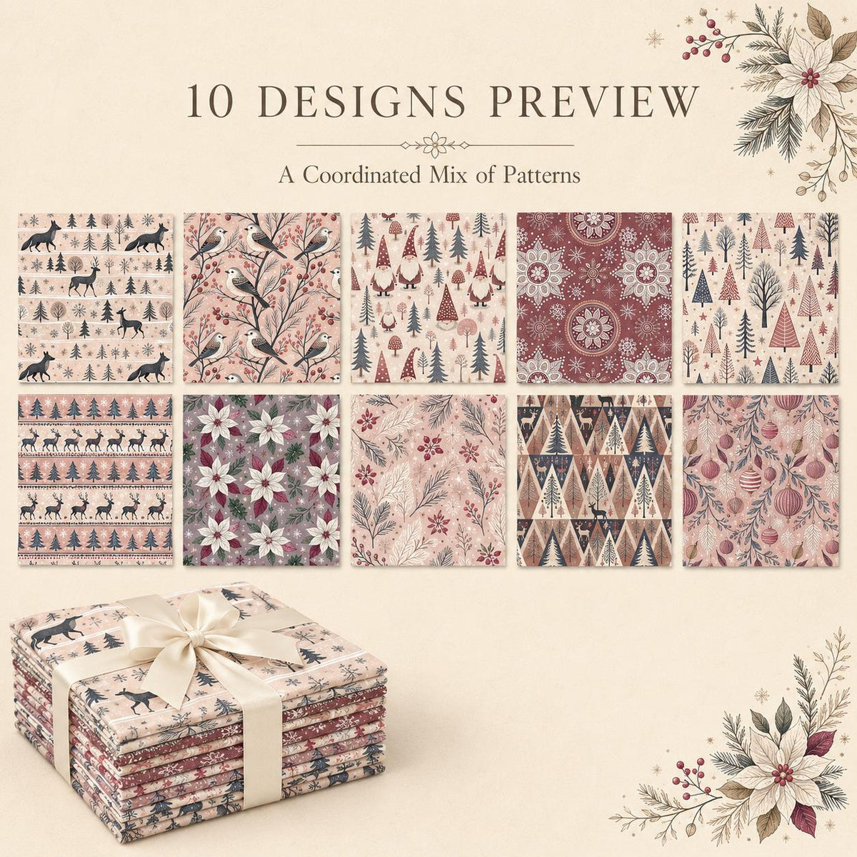 10Pc/Set Christmas Series Deer Christmas Tree Santa Claus Flower Fat Quarter Fabric, Pre-Cut Square Fabric Assort, Fabric Set, Craft Fabric, Handmade DIY Patchwork Fabric,Home Quilting Sewing Fabric, Packaging Fabric, Scrapbooking Craft Hobbyist