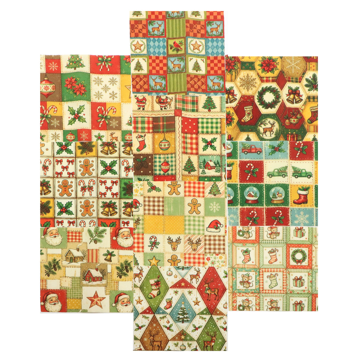 10Pc/Set Christmas Series Bowknot Flower Bell Star Plaid Deer Tree Mouse Holly House Pinecones Northern Cardinal Fat Quarter Fabric, Pre-Cut Square Fabric Assort, Fabric Set, Craft Fabric, Handmade DIY Patchwork Fabric,Home Quilting Sewing Fabric, Packagi