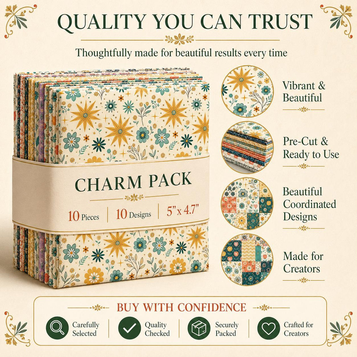 10pcs Charm Pack Set Floral Bird Vintage Style Pattern Handmade DIY with Rich Color and Texture Elements 100% Polyester Patchwork in 10 Design Styles Suitable for Patchwork DIY Craft Projects DIY Wallet Making Gift Giving Bag Making Mother's Day Gift