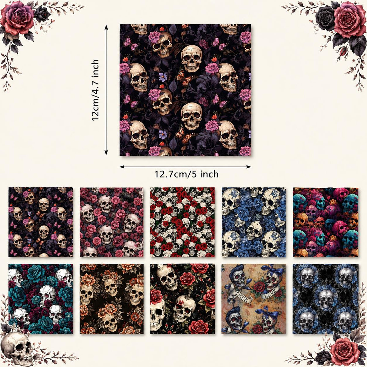 10pcs Charm Pack Set Skull Black Halloween Vintage Style Pattern Handmade DIY with Rich Color and Texture Elements 100% Polyester Patchwork in 10 Design Styles Suitable for Patchwork DIY Craft Projects DIY Wallet Making Gift Giving Bag Making Mother's Day