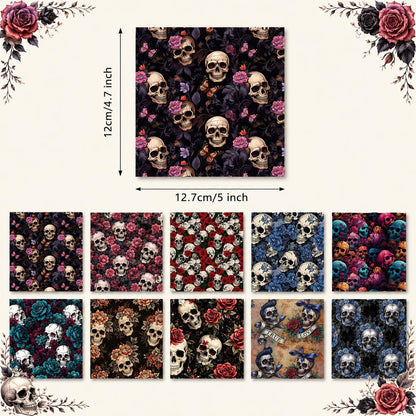 10pcs Charm Pack Set Skull Black Halloween Vintage Style Pattern Handmade DIY with Rich Color and Texture Elements 100% Polyester Patchwork in 10 Design Styles Suitable for Patchwork DIY Craft Projects DIY Wallet Making Gift Giving Bag Making Mother's Day