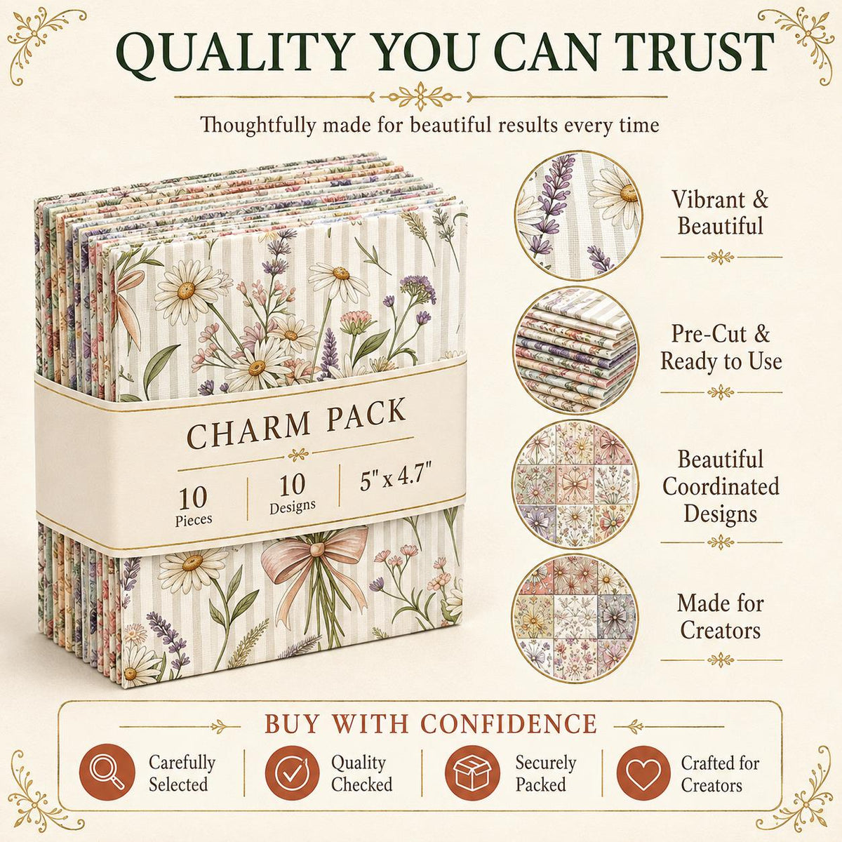 10pcS Charm Pack Set Floral Pattern VIntage Style Handmade DIY With Rich Color and Texture Elements 100% Polyester Patchwork in 10 Design Styles Suitable For Patchwork DIY Craft Projects DIY Wallet Making Gift Giving Bag Making Mother's Day Gift