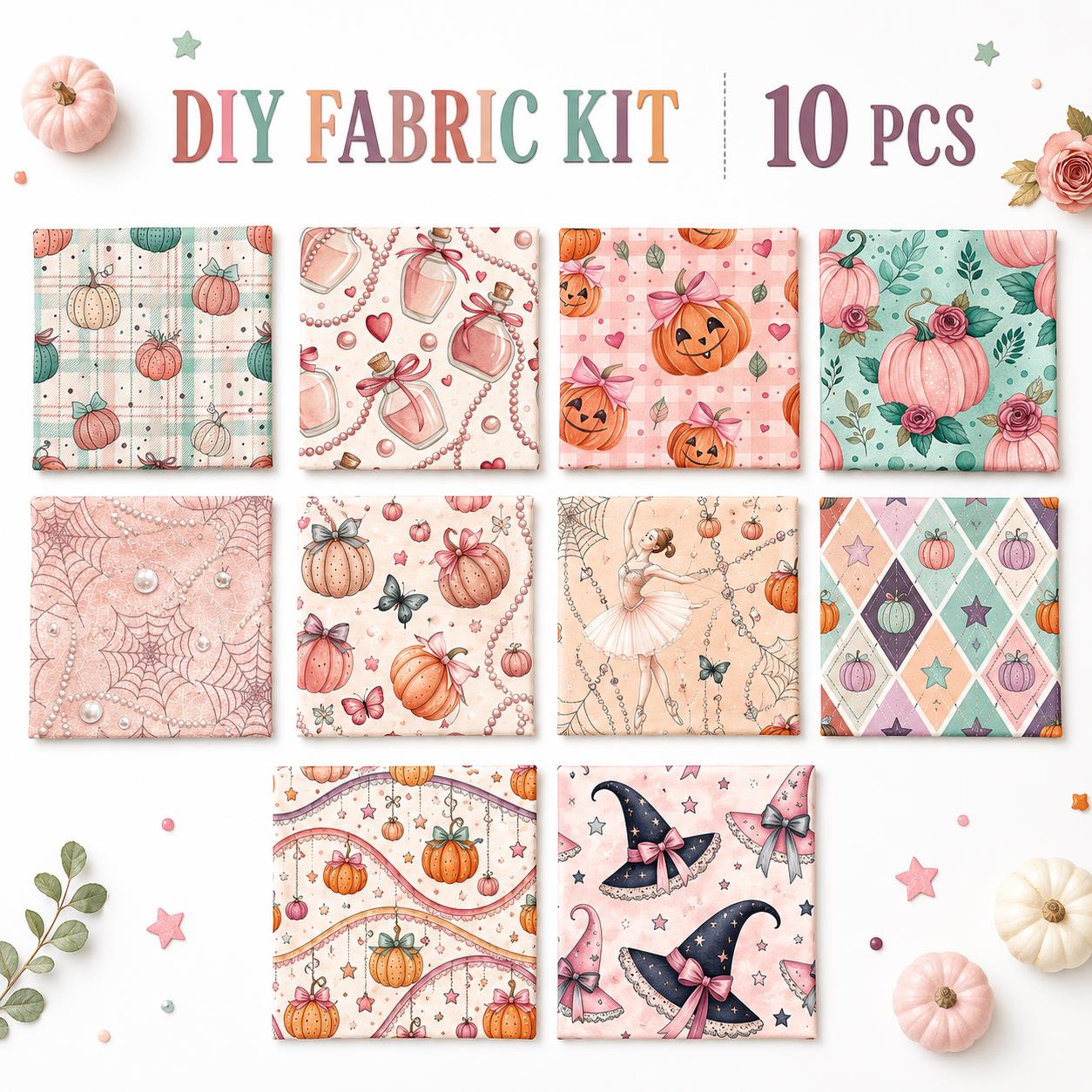 10pcs Charm Pack Set Spider Pumpkin Halloween Theme Vintage Style Pattern Handmade DIY with Rich Color and Texture Elements 100% Polyester Patchwork in 10 Design Styles Suitable for Patchwork DIY Craft Projects DIY Wallet Making Gift Giving Bag Making