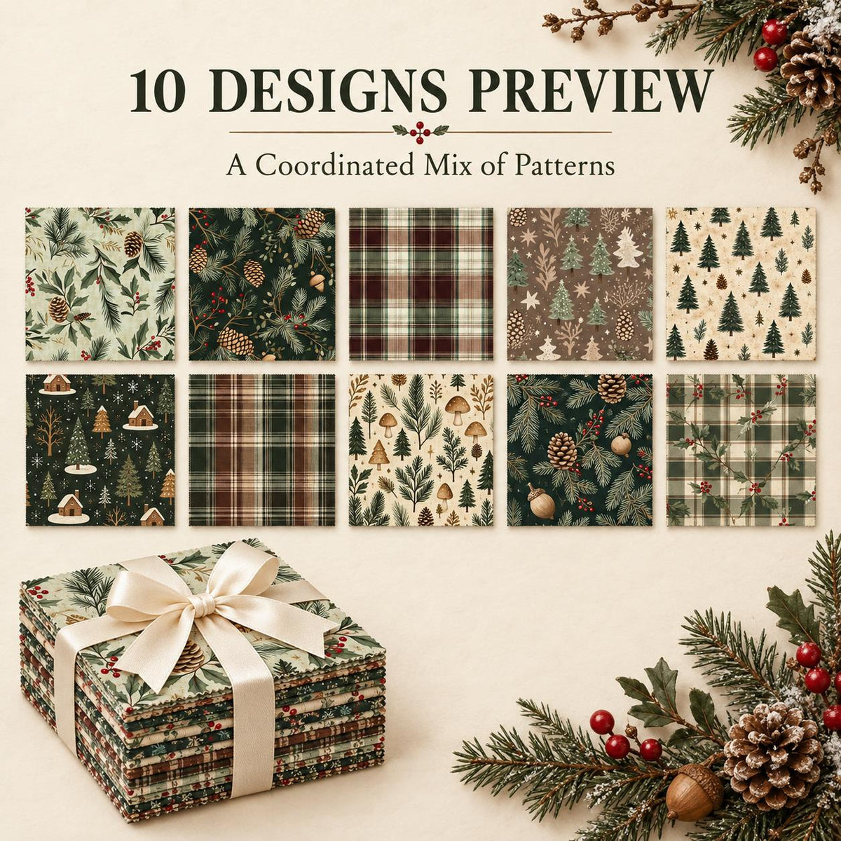 10Pc/set Christmas Series plaid tree mushroom Holly Pinecones Fat Quarter Fabric, Pre-Cut Square Fabric Assort, Fabric Set, Craft Fabric, Handmade DIY Patchwork Fabric,Home Quilting Sewing Fabric, Packaging Fabric, Scrapbooking Craft Hobbyist