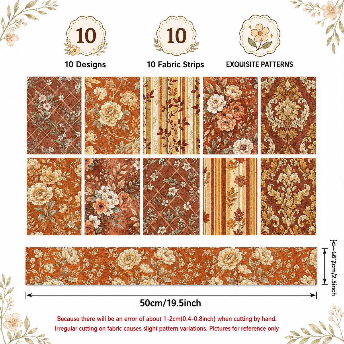 10pcs Vintage Autumn Floral Pattern Jelly Roll Fabric Strips 2.5X19.7inch Pre-Cut 100% Polyester For Patchwork Quilts, Table Runners, Placemats, Tote Bags, Storage Pouches, Makeup Bags, Coasters, Quilt Blocks & Binding
