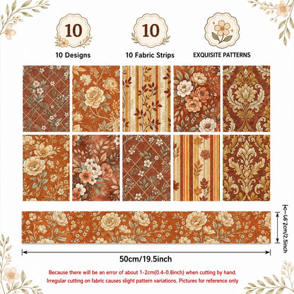 10pcs Vintage Autumn Floral Pattern Jelly Roll Fabric Strips 2.5X19.7inch Pre-Cut 100% Polyester For Patchwork Quilts, Table Runners, Placemats, Tote Bags, Storage Pouches, Makeup Bags, Coasters, Quilt Blocks & Binding