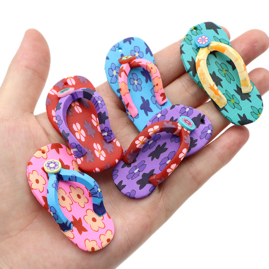 2pcs Left Foot Flip Flop Charms, Polymer Clay Cabochon, Handmade Flower Printed Slipper Ornament, Flat Back Cabochons Miniature Flip Flops For Crafts Jewelry Making