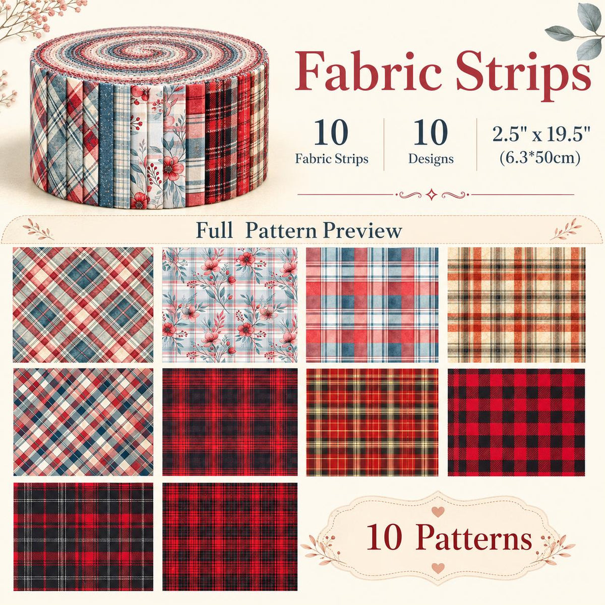 10pcs Vintage Plaid Red Floral Pattern Jelly Roll Fabric Strips 2.5X19.7inch Pre-Cut 100% Polyester For Patchwork Quilts, Table Runners, Placemats, Tote Bags, Storage Pouches, Makeup Bags, Coasters, Quilt Blocks & Binding