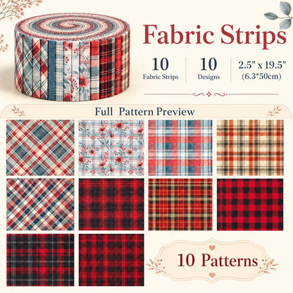 10pcs Vintage Plaid Red Floral Pattern Jelly Roll Fabric Strips 2.5X19.7inch Pre-Cut 100% Polyester For Patchwork Quilts, Table Runners, Placemats, Tote Bags, Storage Pouches, Makeup Bags, Coasters, Quilt Blocks & Binding