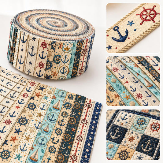 10pcs Vintage Anchor Pattern Jelly Roll Fabric Strips 2.5X19.7inch Pre-Cut 100% Polyester For Patchwork Quilts, Table Runners, Placemats, Tote Bags, Storage Pouches, Makeup Bags, Coasters, Quilt Blocks & Binding
