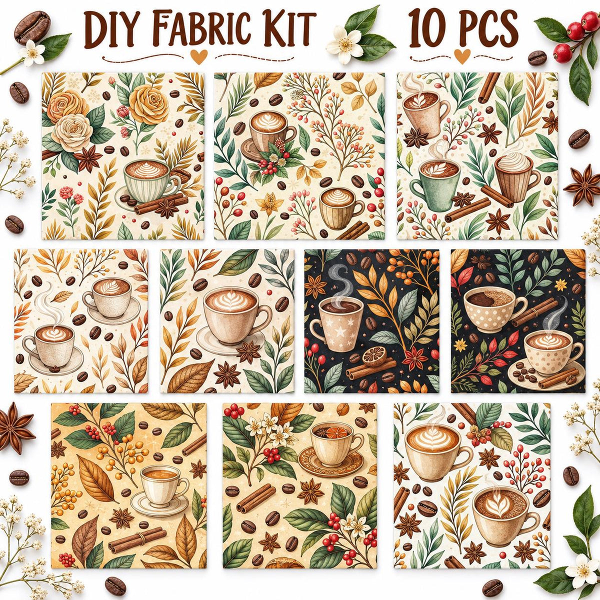 10Pc/Set Christmas Flower Coffee Beans Coffee Series Fat Quarter Fabric, Pre-Cut Square Fabric Assort, Fabric Set, Craft Fabric, Handmade DIY Patchwork Fabric,Home Quilting Sewing Fabric, Packaging Fabric, Scrapbooking Craft Hobbyist