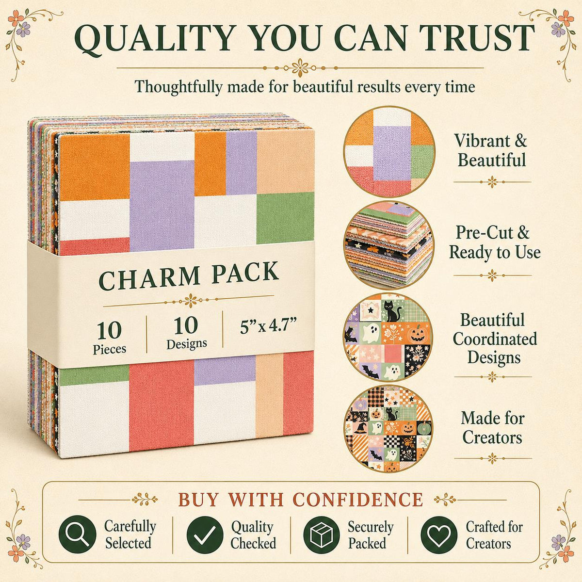 10pcs Charm Pack Set Bat Pumpkin Halloween Pattern Vintage Style Handmade DIY with Rich Color and Texture Elements 100% Polyester Patchwork in 10 Design Styles Suitable for Patchwork DIY Craft Projects DIY Wallet Making Gift Giving Bag Making Mother's Day