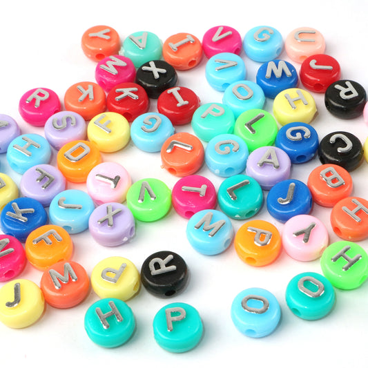 10G/pack Assorted Colorful 10mm Acrylic Alphabet Beads with Silvery Lettering for DIY Phone Chain Crafting and Ladies' Jewelry Making