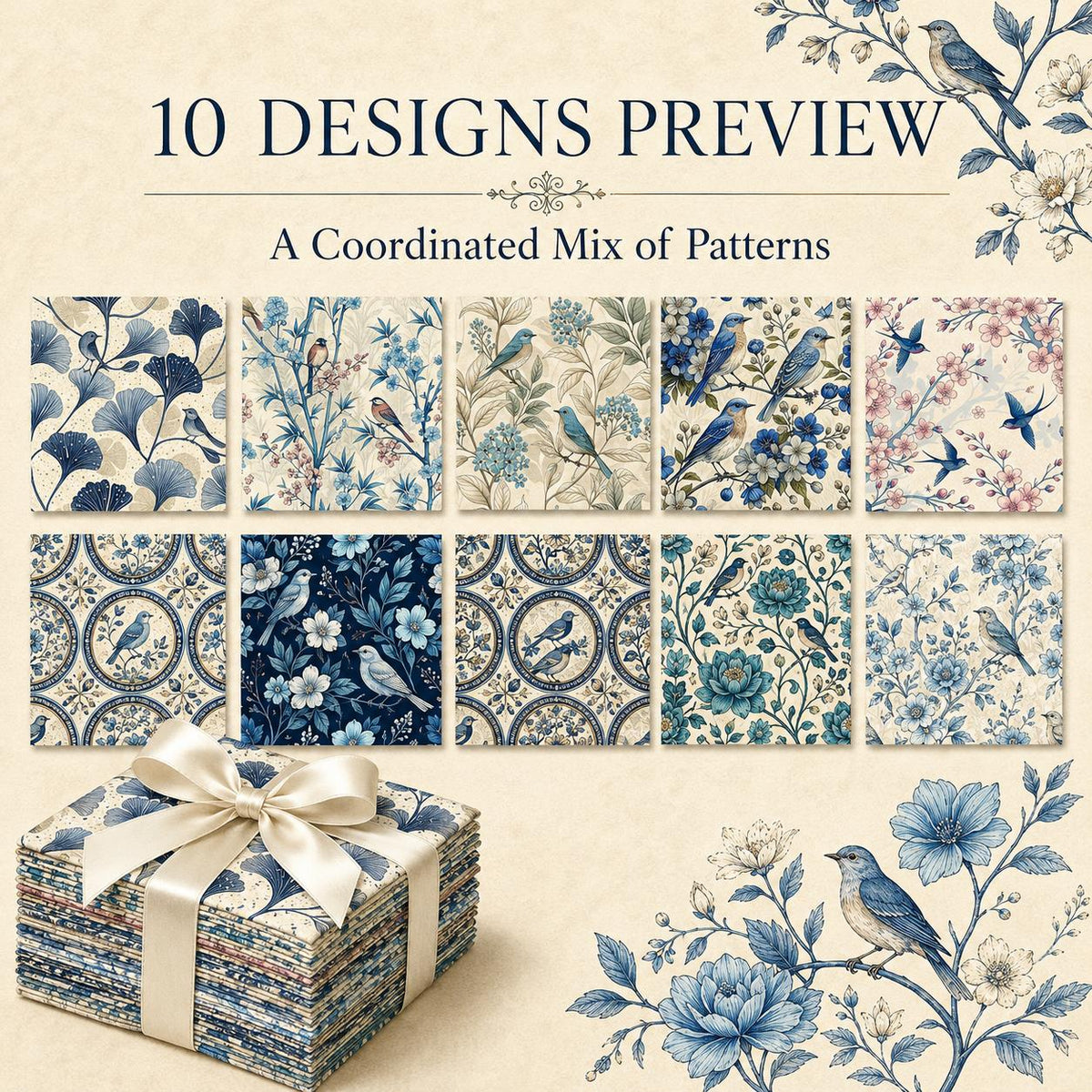 10pcs Charm Pack Set Floral Bird Vintage Style Pattern Handmade DIY with Rich Color and Texture Elements 100% Polyester Patchwork in 10 Design Styles Suitable for Patchwork DIY Craft Projects DIY Wallet Making Gift Giving Bag Making Mother's Day Gift