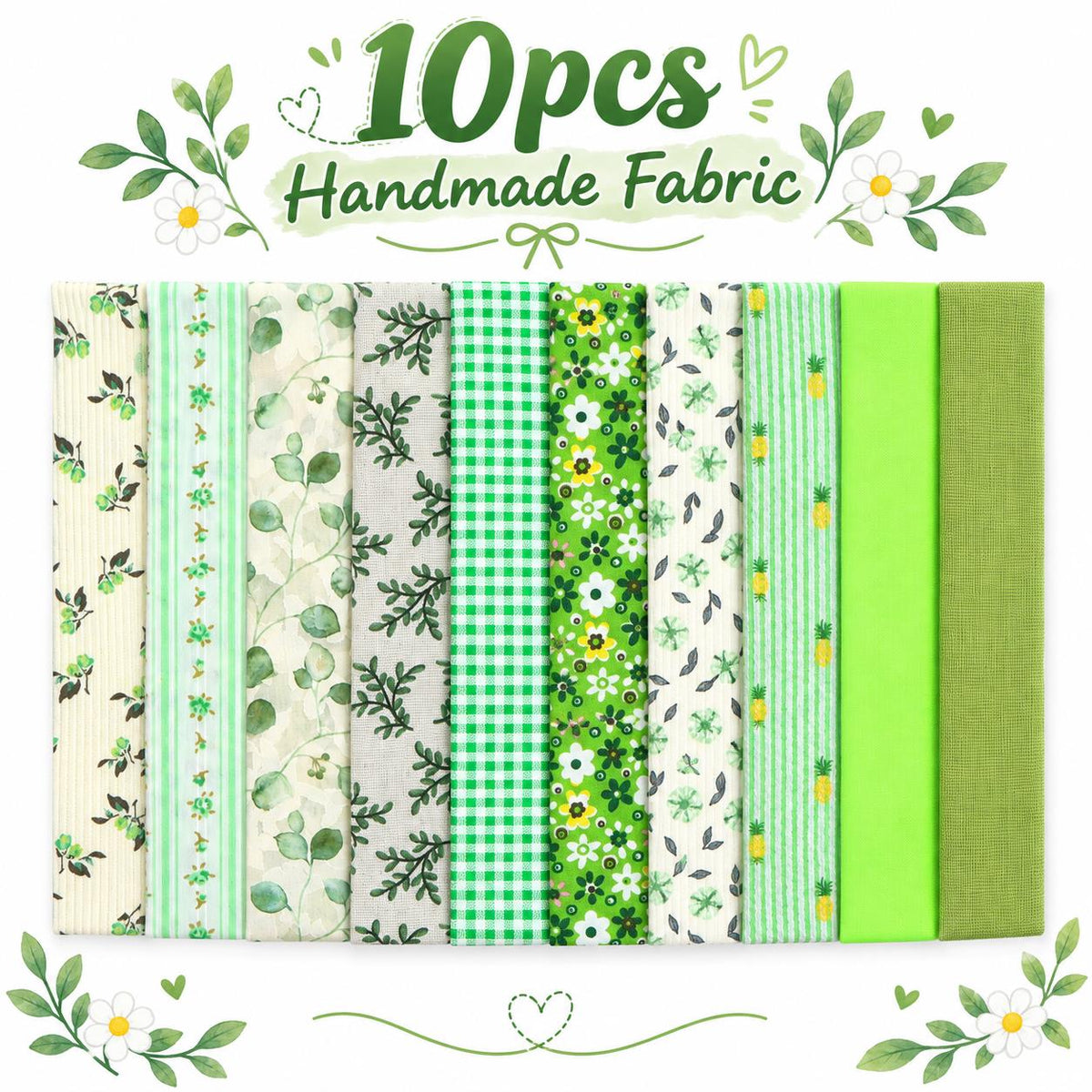 10pcs Vintage Green Flower Jelly Roll Fabric Strips 2.5X19.7inch Pre-cut 100% Polyester for Patchwork Quilts, Table Runners, Placemats, Tote Bags, Storage Pouches, Makeup Bags, Coasters, Quilt Blocks & Binding