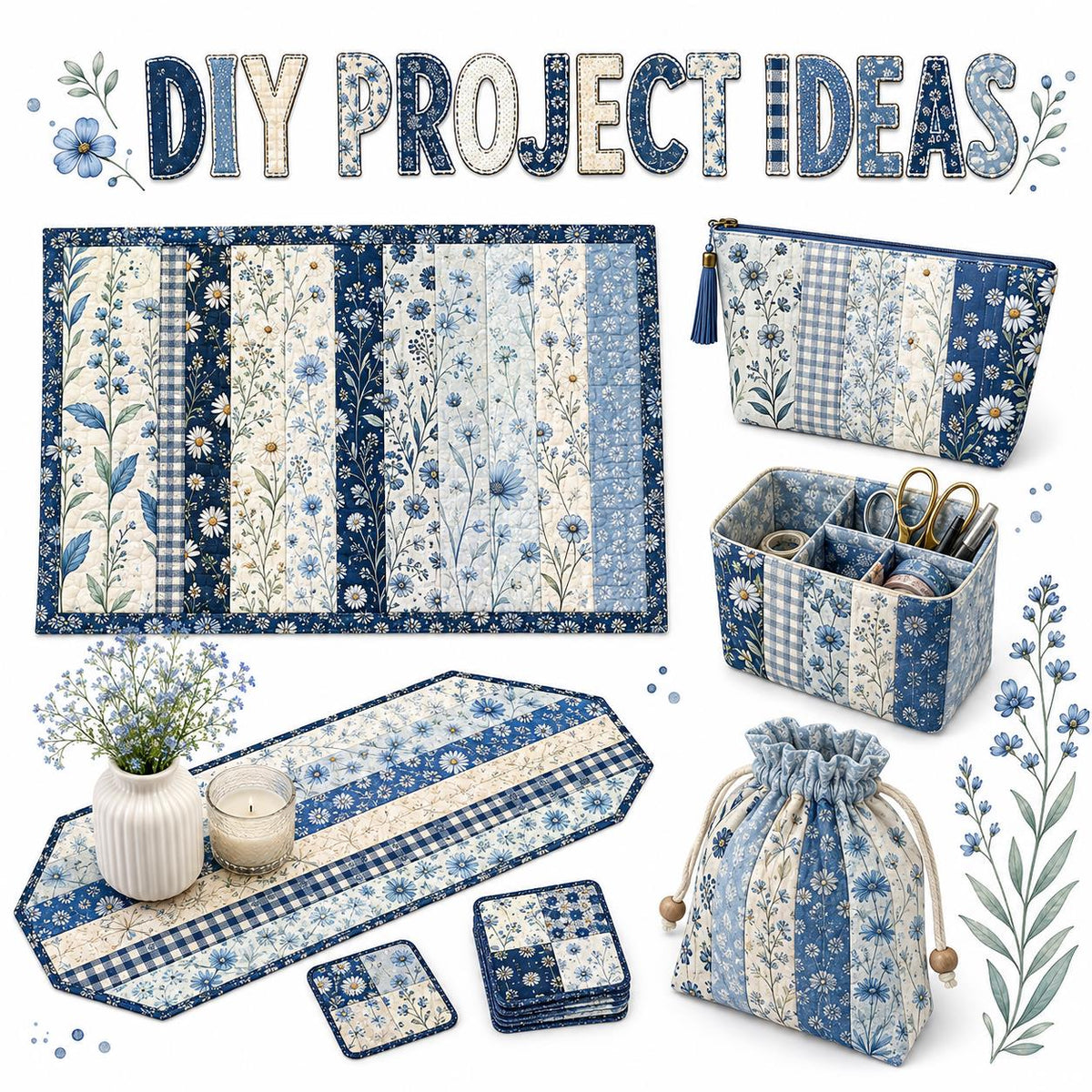 10pcs Vintage Blue Hydrangea Floral Pattern Jelly Roll Fabric Strips 2.5X19.7inch Pre-Cut 100% Polyester For Patchwork Quilts, Table Runners, Placemats, Tote Bags, Storage Pouches, Makeup Bags, Coasters, Quilt Blocks & Binding