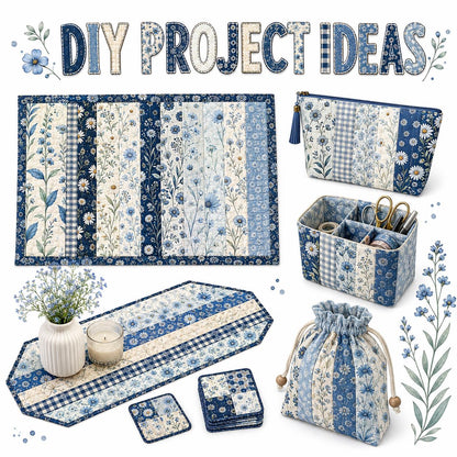 10pcs Vintage Blue Hydrangea Floral Pattern Jelly Roll Fabric Strips 2.5X19.7inch Pre-Cut 100% Polyester For Patchwork Quilts, Table Runners, Placemats, Tote Bags, Storage Pouches, Makeup Bags, Coasters, Quilt Blocks & Binding