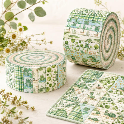 10Pc/Set, Making 10 Images 1pc Each, Each Size: 6.3*50cm Animal Frog Green Series Sliced Fabric Set Style Combination, Polyester Jelly Roll Fabric Strips, Pre-Cut Quilting Squares, For Quilting DIY, Handicrafts And Sewing, Blankets, Rugs
