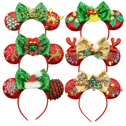 Adorable Christmas Festive Ears Sequined Headband with Bows--With box packaging
