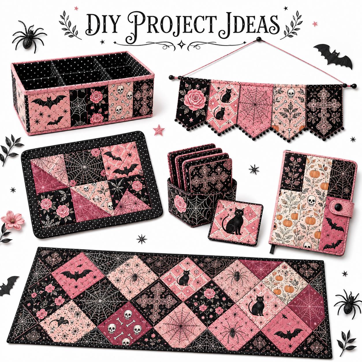 10pcs Charm Pack Set Bat Pumpkin Skull Halloween Vintage Style Pattern Handmade DIY with Rich Color and Texture Elements 100% Polyester Patchwork in 10 Design Styles Suitable for Patchwork DIY Craft Projects DIY Wallet Making Gift Giving Bag Making