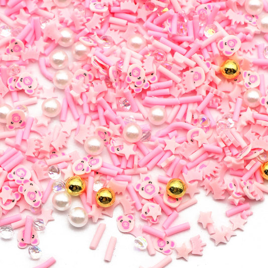 10g Pack Pink Color Pig Animal With Beads Bread Crumbs Crown Soft Polymer Clay Charms, Happy Holiday Nail Decorations for Manicure Design, Professional Nail Supplies Accessories, Filler, Package