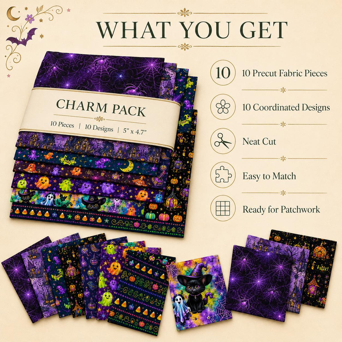 10pcs Charm Pack Set Pumpkin Ghost Halloween Pattern Vintage Style Handmade DIY with Rich Color and Texture Elements 100% Polyester Patchwork in 10 Design Styles Suitable for Patchwork DIY Craft Projects DIY Wallet Making Gift Giving Bag Making Mother's D