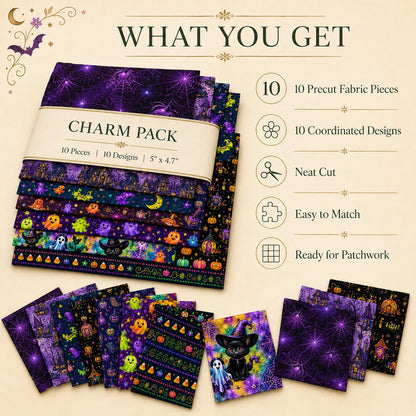 10pcs Charm Pack Set Pumpkin Ghost Halloween Pattern Vintage Style Handmade DIY with Rich Color and Texture Elements 100% Polyester Patchwork in 10 Design Styles Suitable for Patchwork DIY Craft Projects DIY Wallet Making Gift Giving Bag Making Mother's D