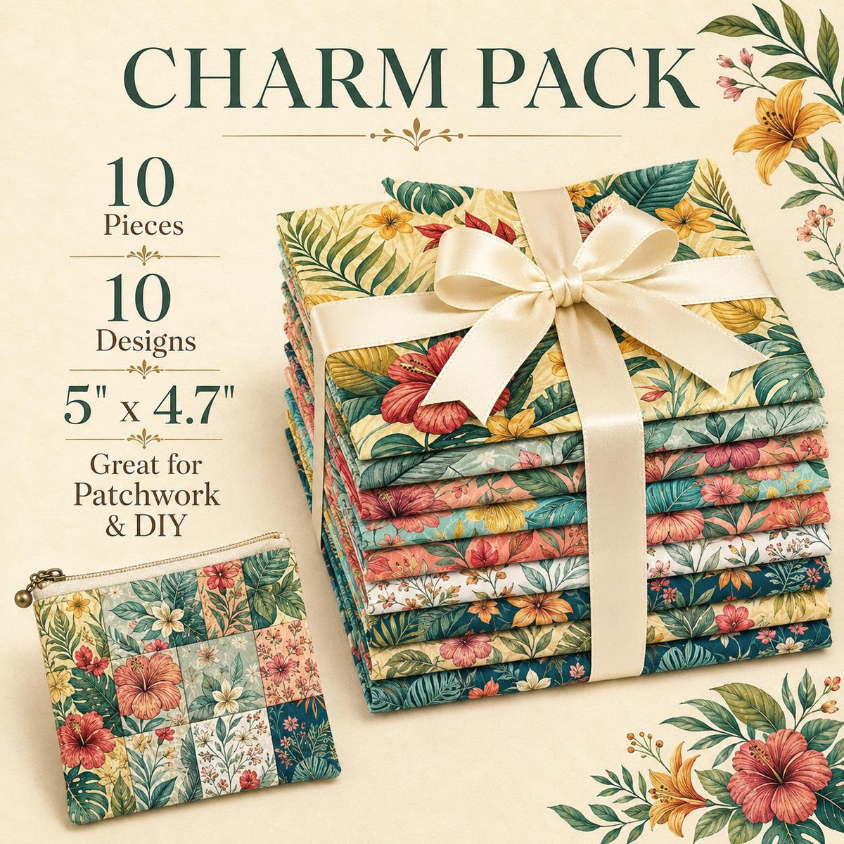 10pcs Charm Pack Set Floral Pattern Vintage Style Handmade DIY with Rich Color and Texture Elements 100% Polyester Patchwork in 10 Design Styles Suitable for Patchwork DIY Craft Projects DIY Wallet Making Gift Giving Bag Making Mother's Day Gift