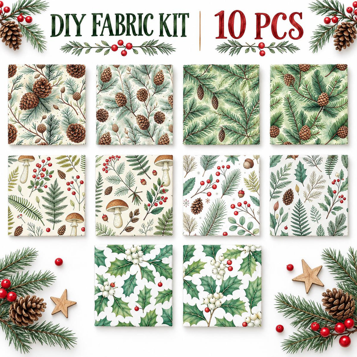 10Pc/Set Christmas Series Tree Mushroom Holly Pinecones Fat Quarter Fabric, Pre-Cut Square Fabric Assort, Fabric Set, Craft Fabric, Handmade DIY Patchwork Fabric,Home Quilting Sewing Fabric, Packaging Fabric, Scrapbooking Craft Hobbyist