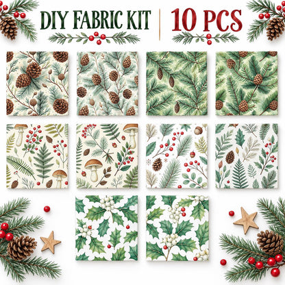 10Pc/Set Christmas Series Tree Mushroom Holly Pinecones Fat Quarter Fabric, Pre-Cut Square Fabric Assort, Fabric Set, Craft Fabric, Handmade DIY Patchwork Fabric,Home Quilting Sewing Fabric, Packaging Fabric, Scrapbooking Craft Hobbyist