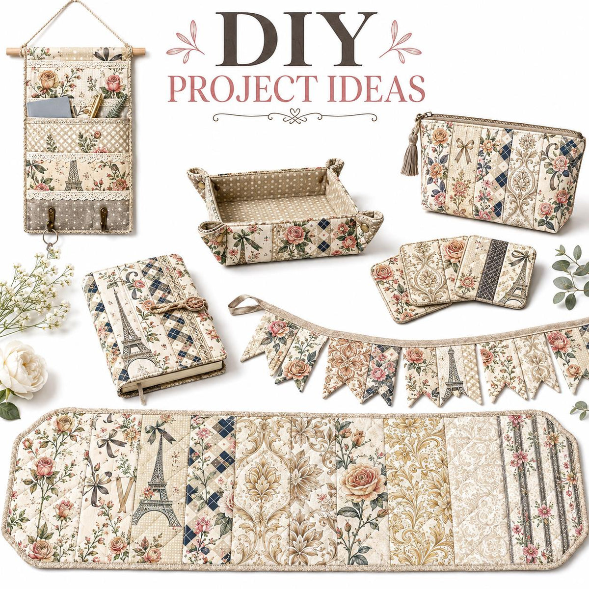 10pcs Vintage Floral Pattern Jelly Roll Fabric Strips 2.5X19.7inch Pre-Cut 100% Polyester For Patchwork Quilts, Table Runners, Placemats, Tote Bags, Storage Pouches, Makeup Bags, Coasters, Quilt Blocks & Binding