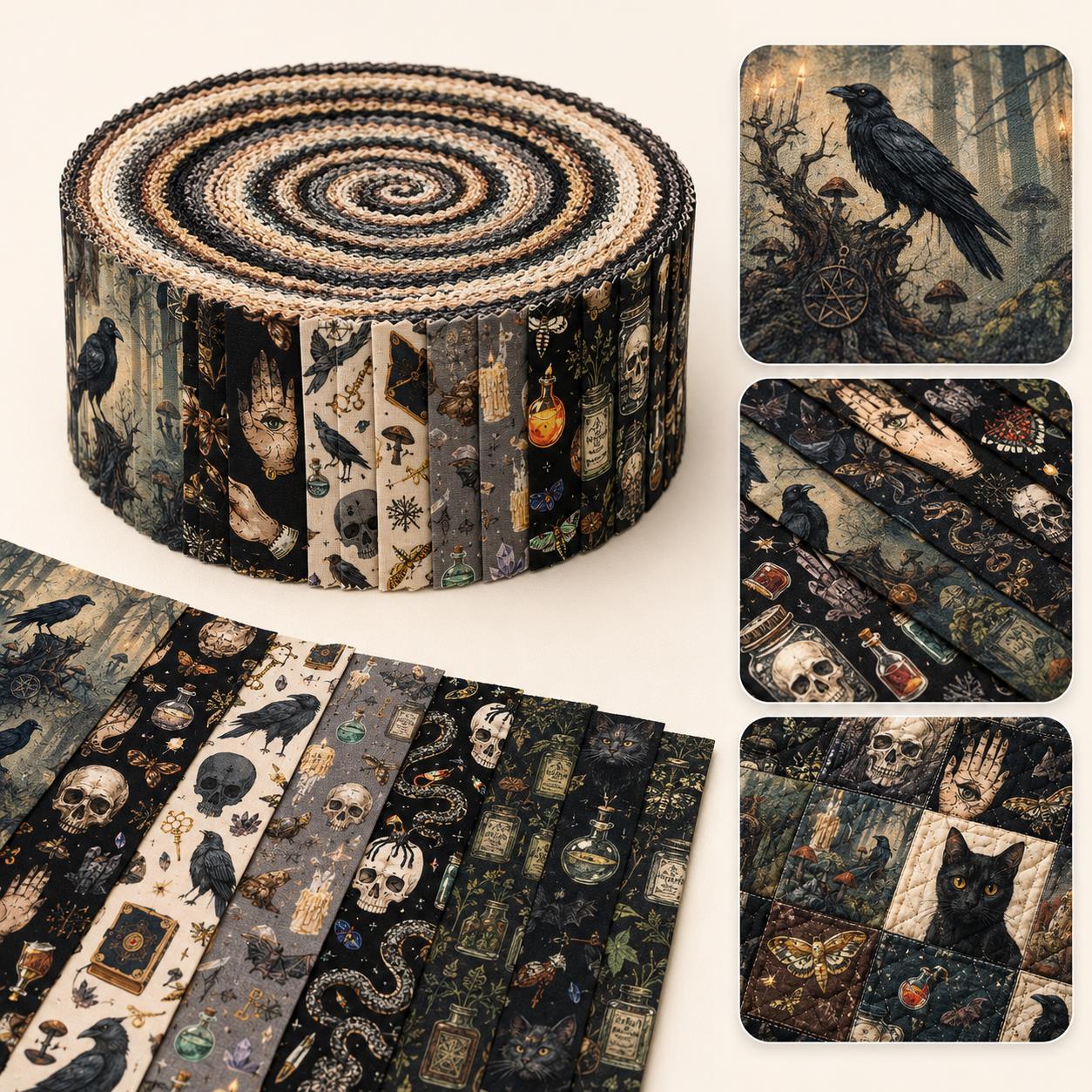 10pcs Vintage Skull Crow Black Pattern Jelly Roll Fabric Strips 2.5X19.7inch Pre-cut 100% Polyester for Patchwork Quilts, Table Runners, Placemats, Tote Bags, Storage Pouches, Makeup Bags, Coasters, Quilt Blocks & Binding