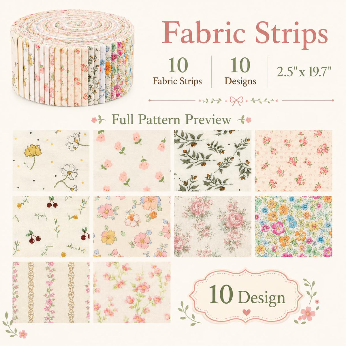 10pcs Vintage Floral Pattern Jelly Roll Fabric Strips 2.5X19.7inch Pre-cut 100% Polyester for Patchwork Quilts, Table Runners, Placemats, Tote Bags, Storage Pouches, Makeup Bags, Coasters, Quilt Blocks & Binding Multi-color