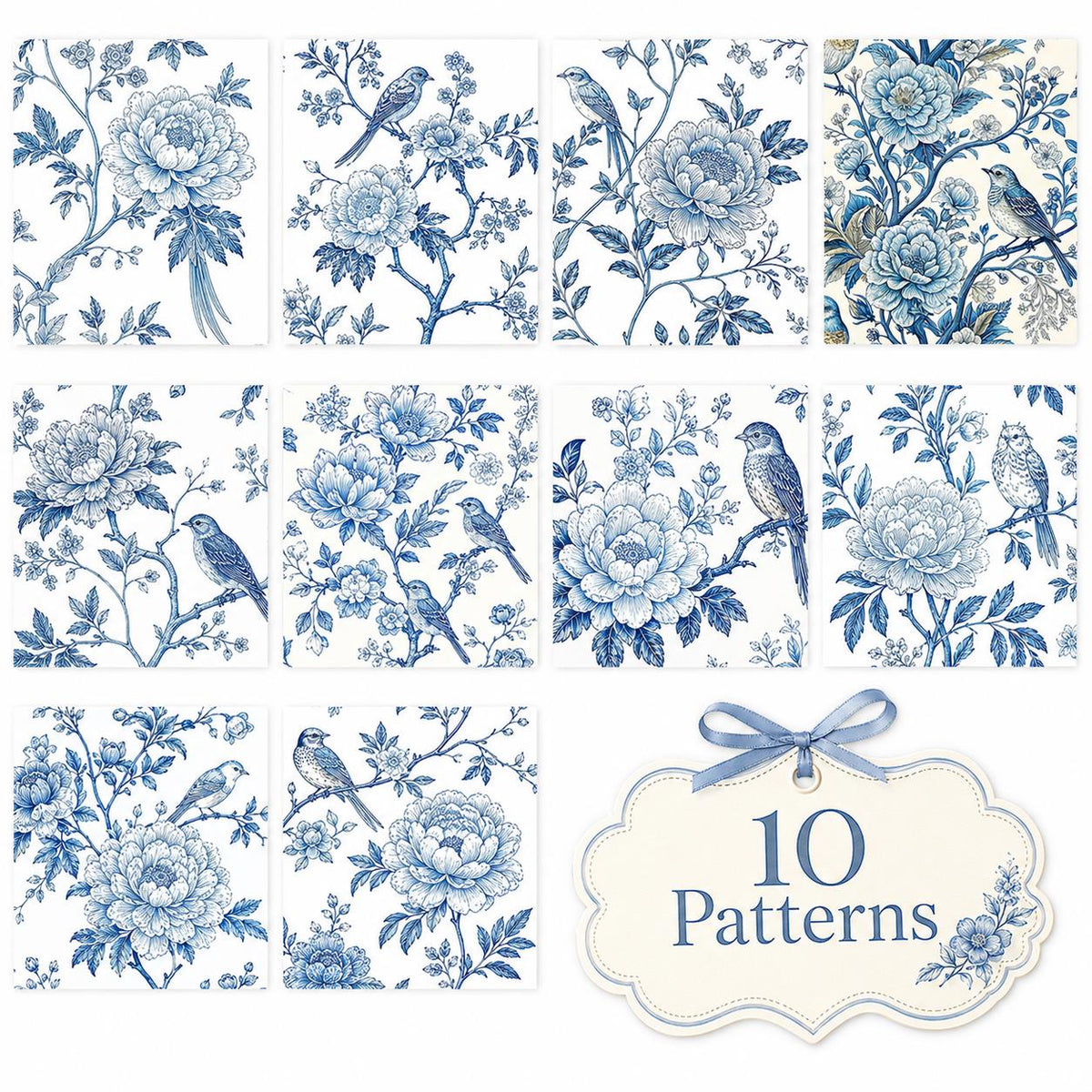 10pcs Vintage Blue Floral Pattern Jelly Roll Fabric Strips 2.5X19.7inch Pre-Cut 100% Polyester For Patchwork Quilts, Table Runners, Placemats, Tote Bags, Storage Pouches, Makeup Bags, Coasters, Quilt Blocks & Binding