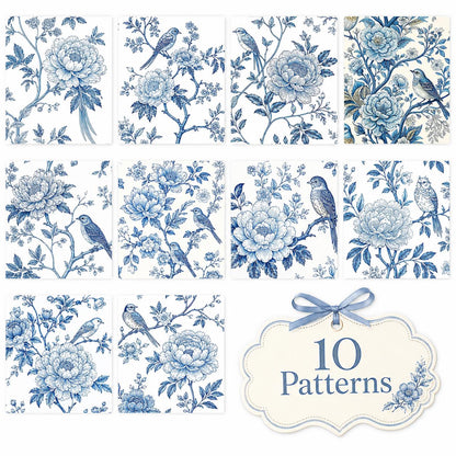 10pcs Vintage Blue Floral Pattern Jelly Roll Fabric Strips 2.5X19.7inch Pre-Cut 100% Polyester For Patchwork Quilts, Table Runners, Placemats, Tote Bags, Storage Pouches, Makeup Bags, Coasters, Quilt Blocks & Binding