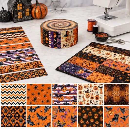 10pcs Vintage Pumpkin Spider Cat Halloween Theme Jelly Roll Fabric Strips 2.5X19.7inch Pre-Cut 100% Cotton For Patchwork Quilts, Table Runners, Placemats, Tote Bags, Storage Pouches, Makeup Bags, Coasters, Quilt Blocks & Binding