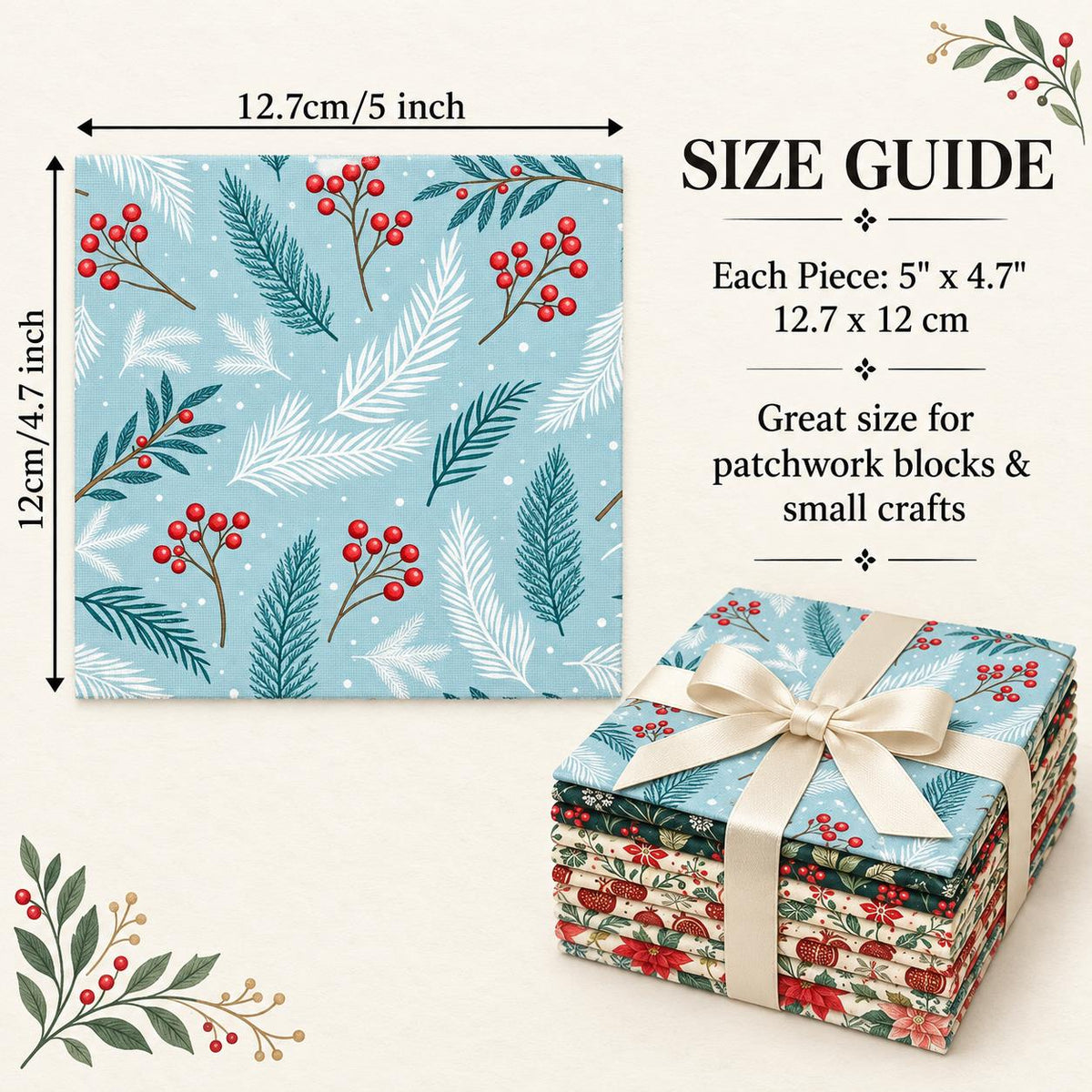 10Pc/Set Christmas Series Flower Pomegranate Holly Fat Quarter Fabric, Pre-Cut Square Fabric Assort, Fabric Set, Craft Fabric, Handmade DIY Patchwork Fabric,Home Quilting Sewing Fabric, Packaging Fabric, Scrapbooking Craft Hobbyist