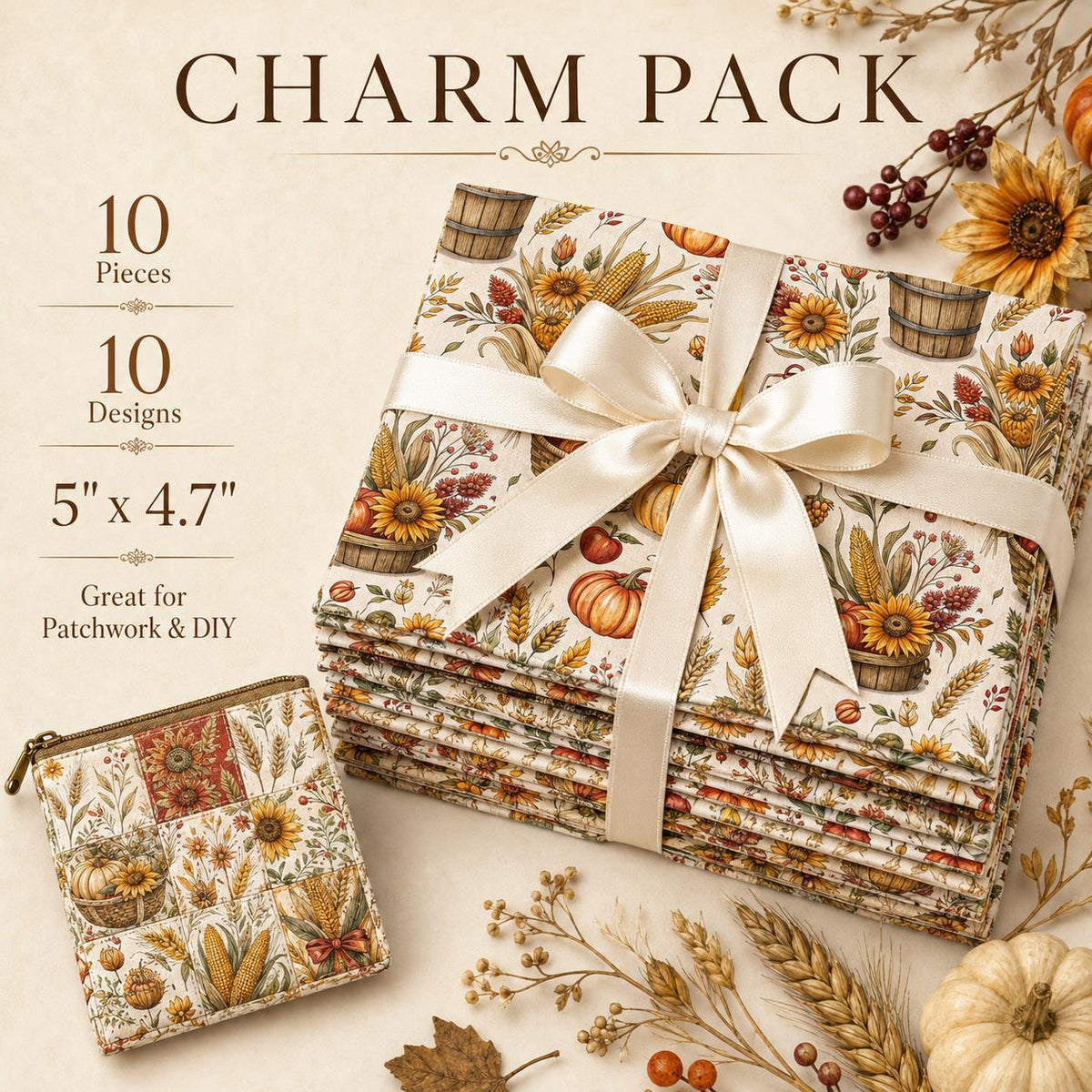 10Pc/Set Autumn Pumpkin Series Bowknot Corn Fat Quarter Fabric, Pre-Cut Square Fabric Assort, Fabric Set, Craft Fabric, Handmade DIY Patchwork Fabric,Home Quilting Sewing Fabric, Packaging Fabric, Scrapbooking Craft Hobbyist